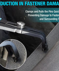 Close-up of 2 Piece Push Pin Pliers Set With Spring Loaded Jaws And 30 Degree And 80 Degree Offset Angles in use on car trim