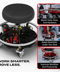 Under Seat Tool Tray Organizer For EZ Lift Chairs Heavy Duty Steel Construction With Rubber Mat Keeps Tools Handy And Within Arms Reach Boosts Garage And Workshop Efficiency showing tools stored under chair