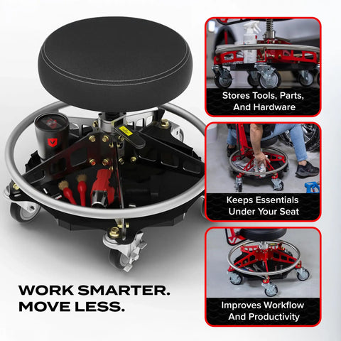Under Seat Tool Tray Organizer For EZ Lift Chairs Heavy Duty Steel Construction With Rubber Mat Keeps Tools Handy And Within Arms Reach Boosts Garage And Workshop Efficiency showing tools stored under chair
