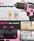 Knockout 20V Cordless Pink Drill Set For Women Rock Solid Power Tool Kit With Rugged Carrying Bag Quick Charge Battery showing 2-speed gear control and adjustable torque settings.