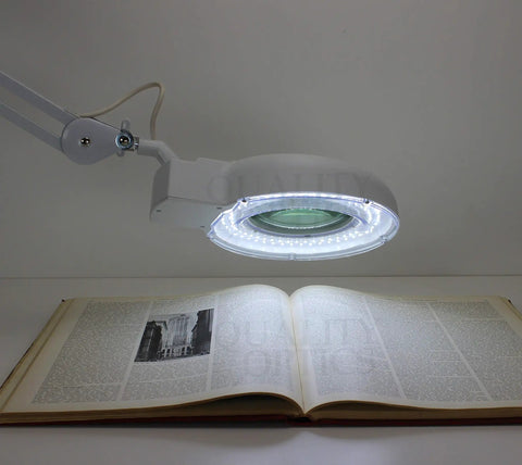 Illuminated Workstation Magnifier With Swing Arm Pro Grade 5 Inch Optical Grade Aspheric Glass Lens 90 LED Lighting over book