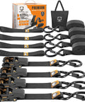 Four Pack Heavy Duty Ratchet Straps Deliver Lockdown Tight Tie Downs For Secure Trailer Hauling 2100 Pound Breaking Strength with hooks and pouches.