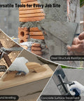 Collage of Pro Grade Concrete Trowel Set With Wood Float And 10 Piece Masonry Tool Kit Including Flat Trowels in use