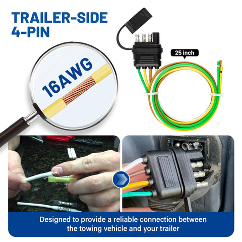 Straight Up Heavy Duty 25 Inch Four Way Flat Trailer Plug With Protective Dust Cover Male 4 Pin WiringHarness Cable shown with 16 AWG wires.
