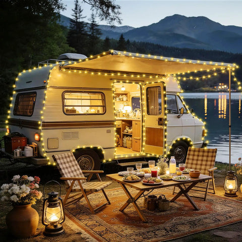 Camper van lit with 1000 LED Christmas String Lights Outdoor 403 Ft With 8 Lighting Modes IP44 Waterproof Fairy Lights, lakeside setting