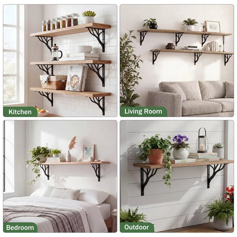 2 Pack 8 Inch Decorative Black Shelf Brackets Heavy Duty Wall Mount L Shaped Floating Shelves With Hardware For DIY Kitchen Shelving And Wall Decor With All Mounting Hardware Included For Easy Hassle Free Installs, black iron brackets on wood shelves