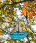 Solar Hanging Bird Bath Fountain With 5 Spray Heads Bubbler 9.4 Inch Blue Plastic Bowl On Metal Chain under autumn leaves