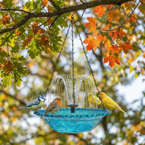 Solar Hanging Bird Bath Fountain With 5 Spray Heads Bubbler 9.4 Inch Blue Plastic Bowl On Metal Chain under autumn leaves