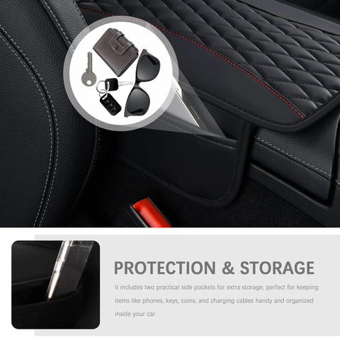 Patchwork Leather Center Console Covers For Cars With Side Storage Pocket And Car Seat Organizer Upgraded Arm Rest Middle Console Protector For Car Interior Stylish Patchwork Design In Purple showing side pocket detail