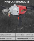 Powerful Beast 1500W 2 In 1 Wet And Dry Handheld Concrete Core Drill dimensions and specifications shown.