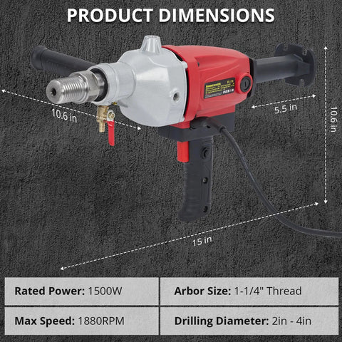Powerful Beast 1500W 2 In 1 Wet And Dry Handheld Concrete Core Drill dimensions and specifications shown.