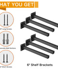 Set Of 6 Heavy Duty Black Shelf Brackets, 12 Inch Metal Wall Mount Floating Shelving Brackets, includes screws and anchors