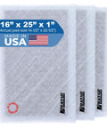 16x25 Replacement Filter Pads For Dynamic Air Cleaner Three Pack White Made In USA With Fiberglass Media And Activated Carbon Center UL Classified And CADR Tested Per ASHRAE 52 2 ANSI AHAM AC2006, showing three white filter pads labeled USA and UL classified.
