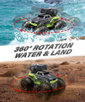 3-In-1 Amphibious RC Stunt Truck With Water Gun in water and on land, showcasing 360 spin rotation feature.