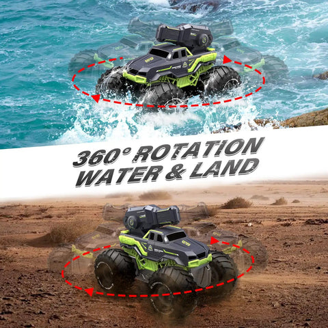 3-In-1 Amphibious RC Stunt Truck With Water Gun in water and on land, showcasing 360 spin rotation feature.