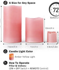 LED Flameless Candles With Remote Battery Operated 8 Pack Real Wax Look Pillar Candles in Ballerina Pink showing sizes and features.