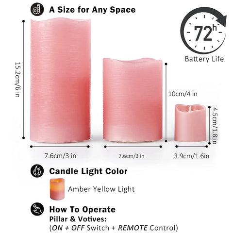 LED Flameless Candles With Remote Battery Operated 8 Pack Real Wax Look Pillar Candles in Ballerina Pink showing sizes and features.