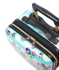 Top view of Designer Underseat Luggage For Women, 15 Inch Hardside Carry On, Stripe Floral Hummingbird Pattern with handle extended.