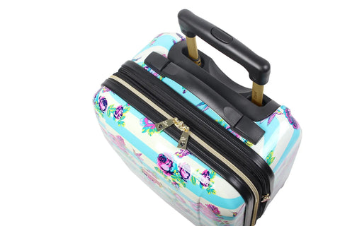 Top view of Designer Underseat Luggage For Women, 15 Inch Hardside Carry On, Stripe Floral Hummingbird Pattern with handle extended.