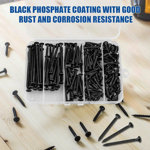 168 Piece Wood Screws Set For Wood And Drywall With Five Sizes From Six By One Half Inch To Six By Three Inch Black Carbon Steel