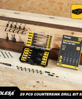 Pro Countersink Drill Bit Set For Fine Woodwork Includes Five Sharp Counter Sink Bits and tools in a clear case on wood backdrop.