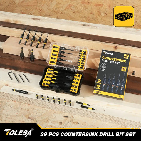 Pro Countersink Drill Bit Set For Fine Woodwork Includes Five Sharp Counter Sink Bits and tools in a clear case on wood backdrop.