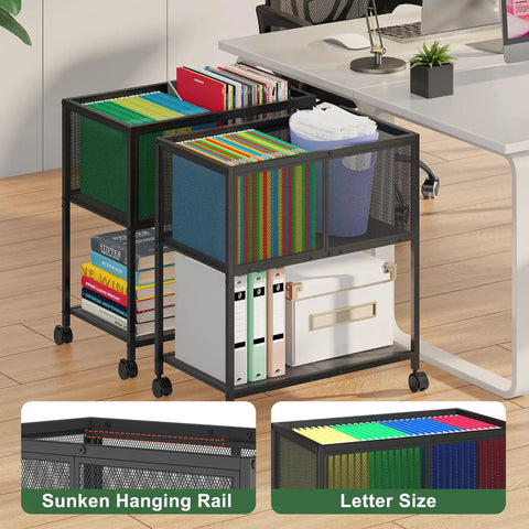 Rolling File Cart With Wheels For Hanging Folders Mobile Metal File Cabinet On Casters That Fits Letter Size Durable Black Home Office Organizer For Papers And Documents Keeps Your Desk Tidy next to a desk, holding books and files.