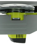 Eighteen Volt Cordless Circular Saw Featuring A Five Point Five Inch Carbide Blade For Grinding Long Rip Cuts Through Plywood And Dimensional Lumber Without Breaking A Sweat Today, top view showing the carbide blade and body design.