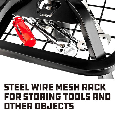 Steel wire mesh rack on rolling stool with tools, designed for garage use and easy movement.