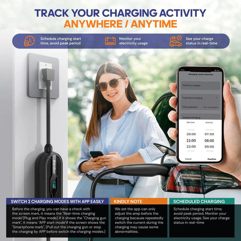 Woman using Tesla Level 1 2 EV Charger With WiFi App Plug And Play 16A 240V NEMA 6 20P Cable 25 Ft ETL Certified
