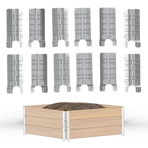 Heavy Duty 8 Inch Pallet Collar Hinges 8 Pack Slick Folding Rack Links displaying stackable silver hinge brackets next to wooden garden box.