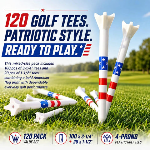 Pro Grade Golf Tees 3-1/4 Inch With 4 Prong Grip Reducing Friction For Longer Carries With Patriotic Style Tee Display