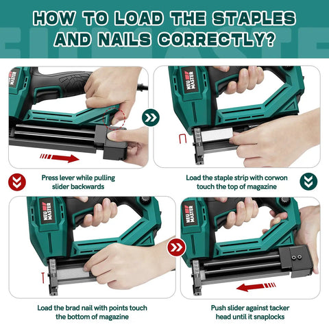 Step-by-step guide to load staples and nails into Cordless Electric Brad Nailer And Staple Gun for Upholstery And Woodworking