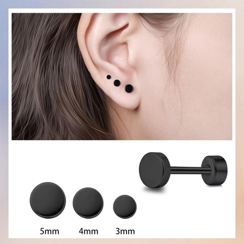 Straight Up Titanium Screw Back Stud Earrings Zero Drama For Sensitive Skin Medical Grade F136 Nickel Free Flatback Dot Design Secure Locking Posts For Daily Wear shown on ear with 3 black dots of different sizes.