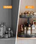 Two-tier black metal rotating spice rack organizer installed on a kitchen cabinet shelf; 12-inch diameter.