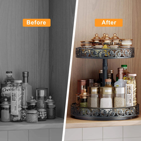 Two-tier black metal rotating spice rack organizer installed on a kitchen cabinet shelf; 12-inch diameter.