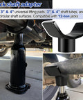 Bottle jack adapter with lifting saddle installed on a jack under a vehicle; fits 2, 3, and 4 in round or square shafts.