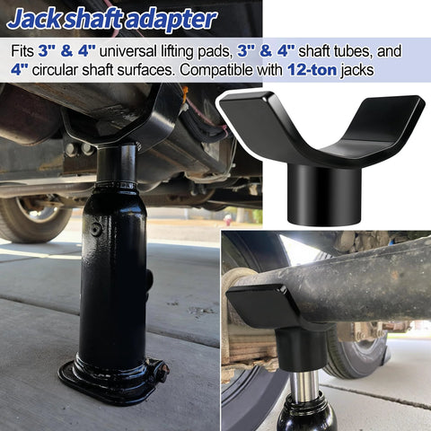 Bottle jack adapter with lifting saddle installed on a jack under a vehicle; fits 2, 3, and 4 in round or square shafts.