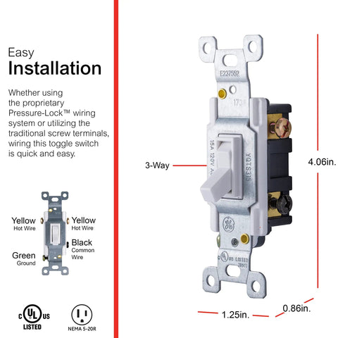 3-Way Grounding Toggle Switch In Wall On Off Fan And Light Replacement 15 Amp UL Listed White Easy Install Diagram