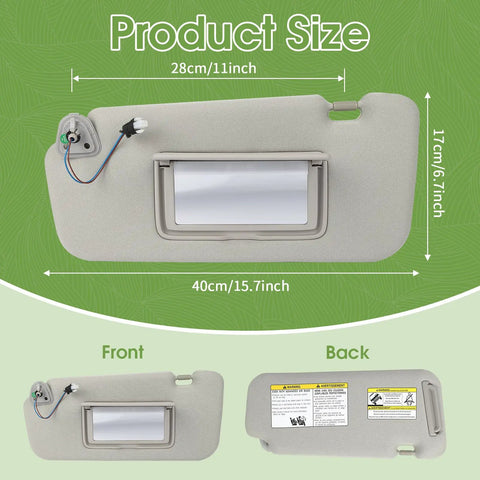 Gray front and back of Nissan Murano Sun Visor Replacement Pair With Bracket Clips OEM Fit 2009-2014 featured with size dimensions