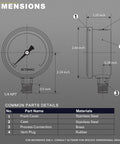 Diagram of Glycerin Filled Low Pressure Gauge 0 To 15 Psi With Two And A Half Inch Dial And One Quarter Inch NPT Lower Mount