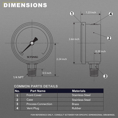 Diagram of Glycerin Filled Low Pressure Gauge 0 To 15 Psi With Two And A Half Inch Dial And One Quarter Inch NPT Lower Mount