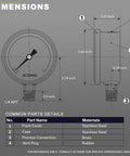 Diagram of Two And A Half Inch Vacuum Pressure Gauge Glycerin Filled Heavy Duty Build Minus Thirty To Zero InHg Range