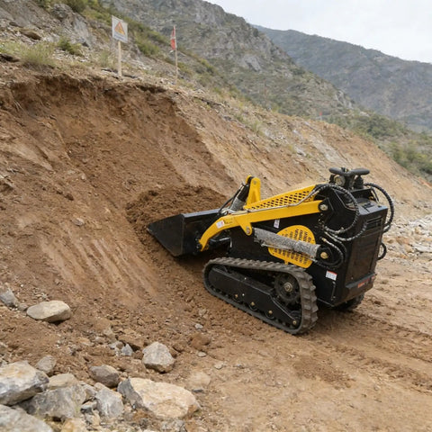 Track Type Mini Skid Steer Loader Workhorse For Construction And Landscaping Jobs operating on rocky terrain, front view.