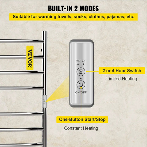 8 Bar Curved Heated Towel Rack With Super Sleek Mirror Polished Stainless Steel Finish Built In Timer Wall Mounted Towel Warmer For Bathroom Plug In Or Hardwired UL Certified Silver showing built-in timer control panel