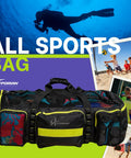 Colorful all sports mesh bag on sand with underwater diver and beach activity images