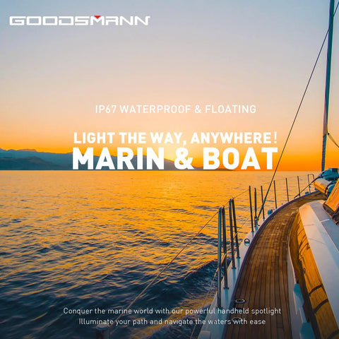 Sailing boat at sunset using Rechargeable Handheld Spotlight With Up To 4500 Lumens, IP67 Waterproof Marine Grade LED Searchlight.