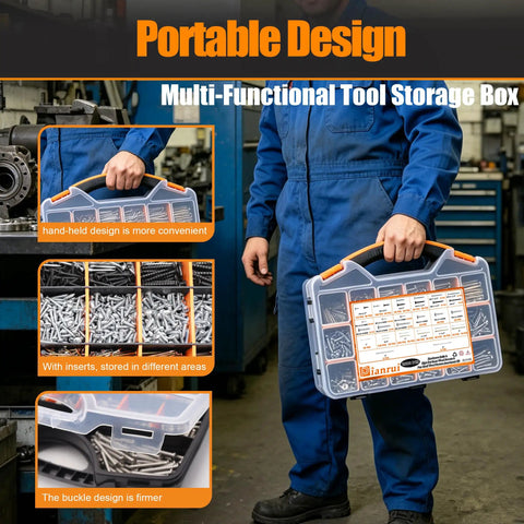 Person holding DIY Fastener Kit With Storage Box, 2000 Plus Pieces Galvanized Carbon Steel Nails, Wood Screws, And Sheet Metal Screws