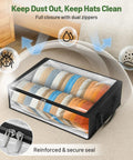 Thick Double Wide Hat Storage Boxes For Baseball Caps Hold Up To Eighty Snapbacks With Zippered Dust Covers, showing secure zipper closure and stacked caps.