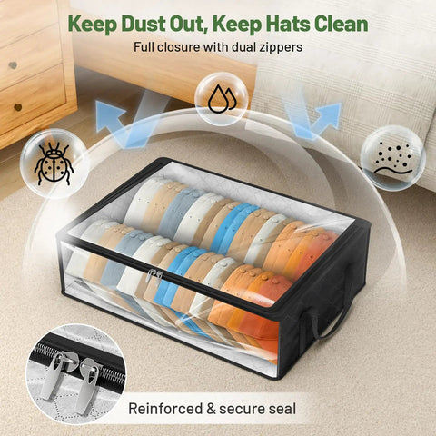 Thick Double Wide Hat Storage Boxes For Baseball Caps Hold Up To Eighty Snapbacks With Zippered Dust Covers, showing secure zipper closure and stacked caps.